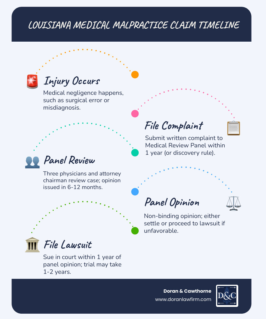 Timeline infographic of a Louisiana medical malpractice claim from injury to resolution - medical malpractice lawyer Baton