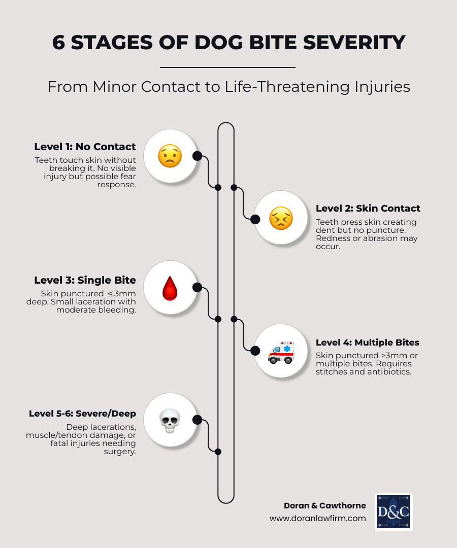 Infographic showing 6 stages of dog bite severity from no skin contact to fatal, with victim rights and compensation tips Infographic showing 6 stages of dog bite severity from no skin contact to fatal, with victim rights and compensation tips