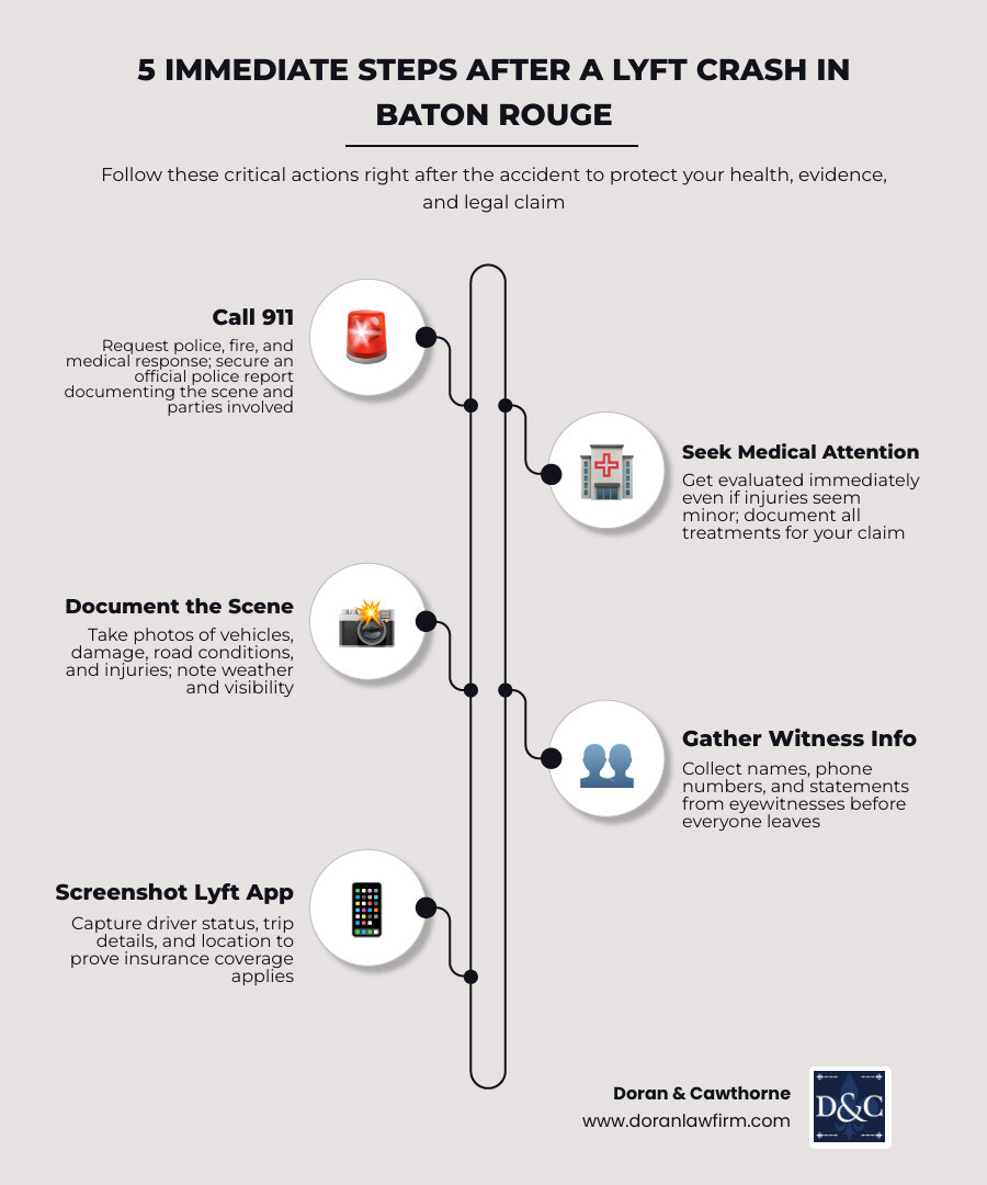5 immediate steps after a Lyft crash in Baton Rouge infographic - Baton Rouge Lyft injury attorney infographic 5 immediate steps after a Lyft crash in Baton Rouge infographic - Baton Rouge Lyft injury attorney infographic