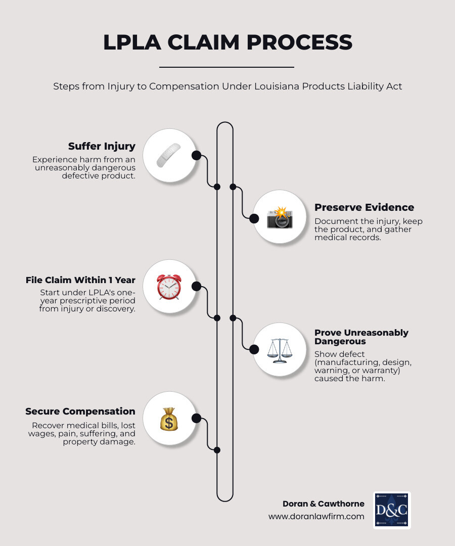 Infographic showing the Louisiana Products Liability Act (LPLA) claim process steps from injury to compensation - Louisiana