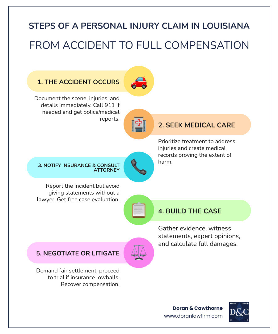 Infographic showing steps of a personal injury claim in Louisiana from accident to settlement - Experienced personal injury Infographic showing steps of a personal injury claim in Louisiana from accident to settlement - Experienced personal injury