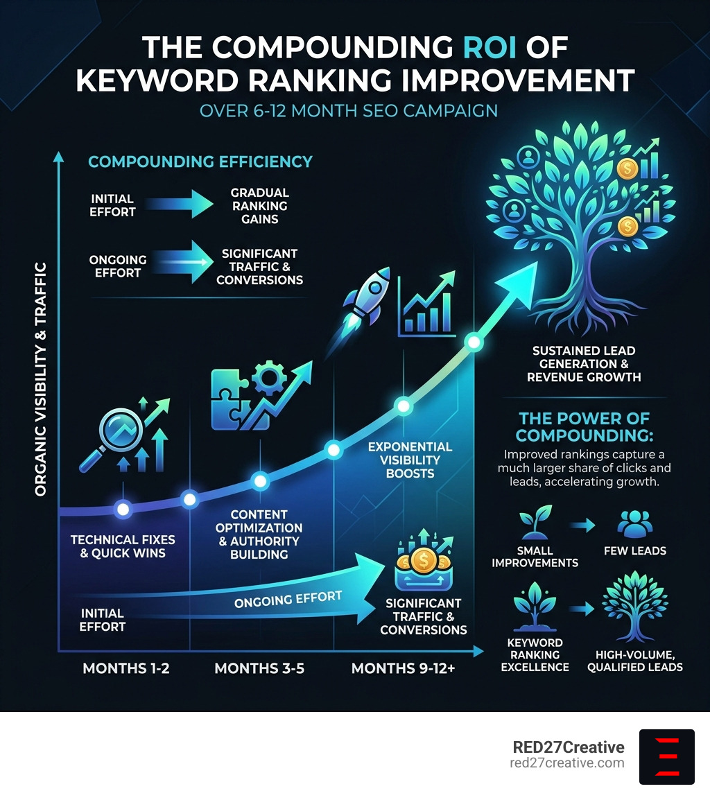 Infographic showing the compounding ROI of keyword ranking improvement over a 6-12 month SEO campaign - Keyword ranking Infographic showing the compounding ROI of keyword ranking improvement over a 6-12 month SEO campaign - Keyword ranking