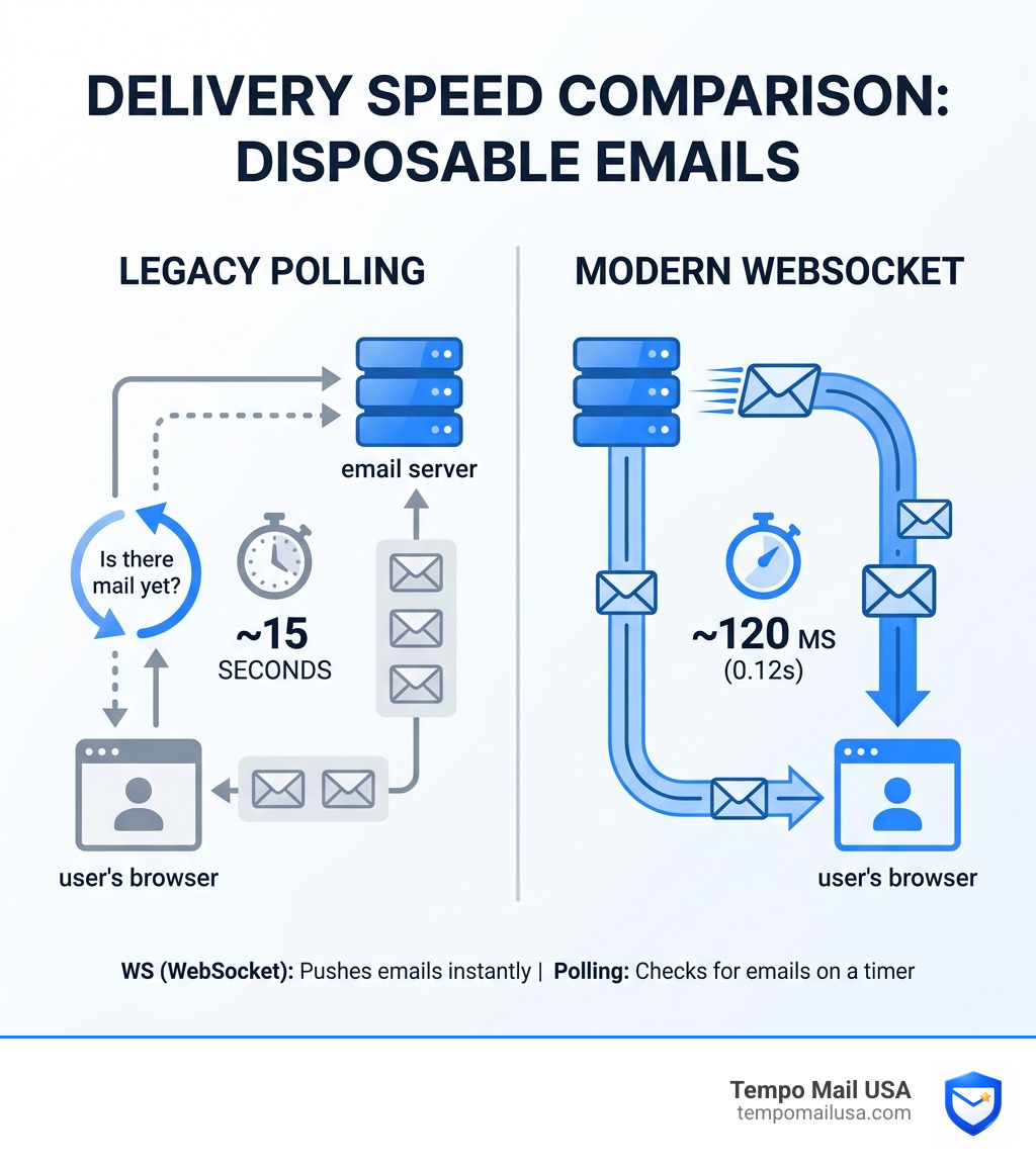 Legacy polling vs modern WebSocket delivery speed comparison for disposable email services - tempomailusa.com vs