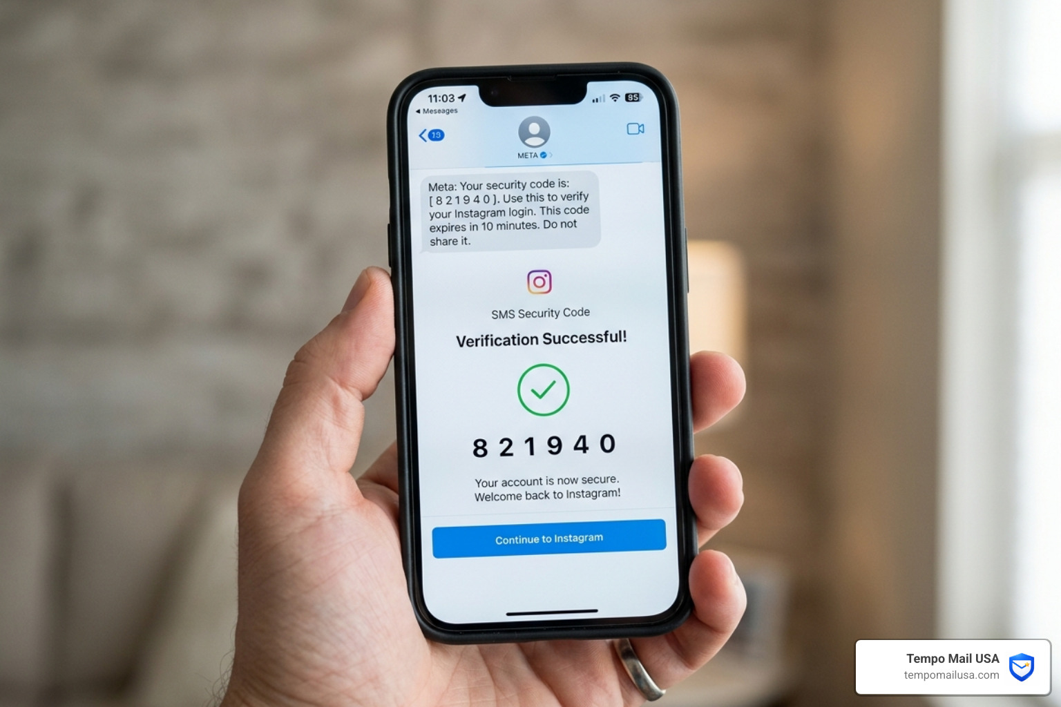 Mobile phone displaying a successful verification code from a social media platform - tempomailusa.com vs temp-mail.org