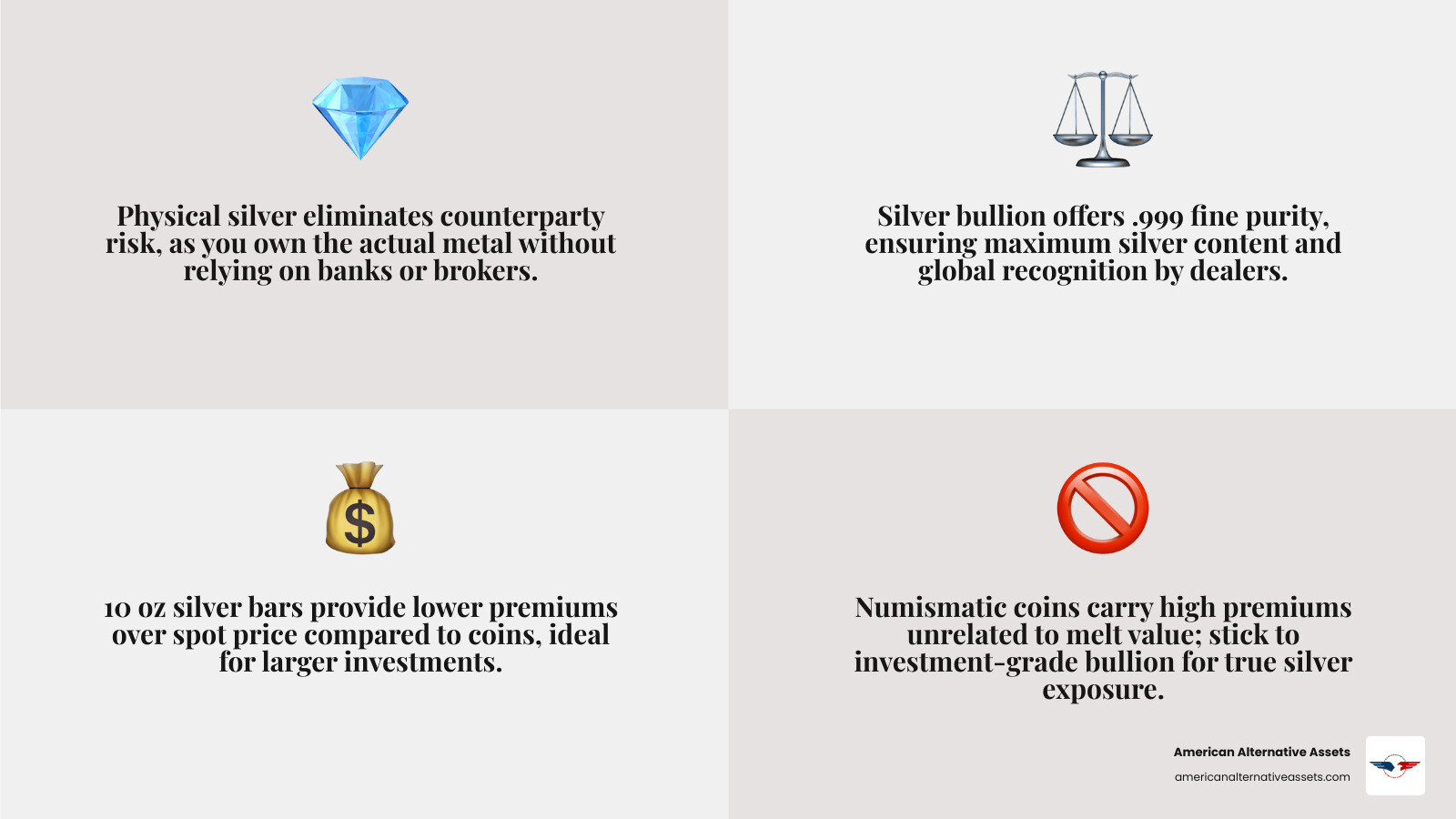 Comparison table of physical silver versus silver ETFs - best ways to invest in silver infographic 4_facts_emoji_grey
