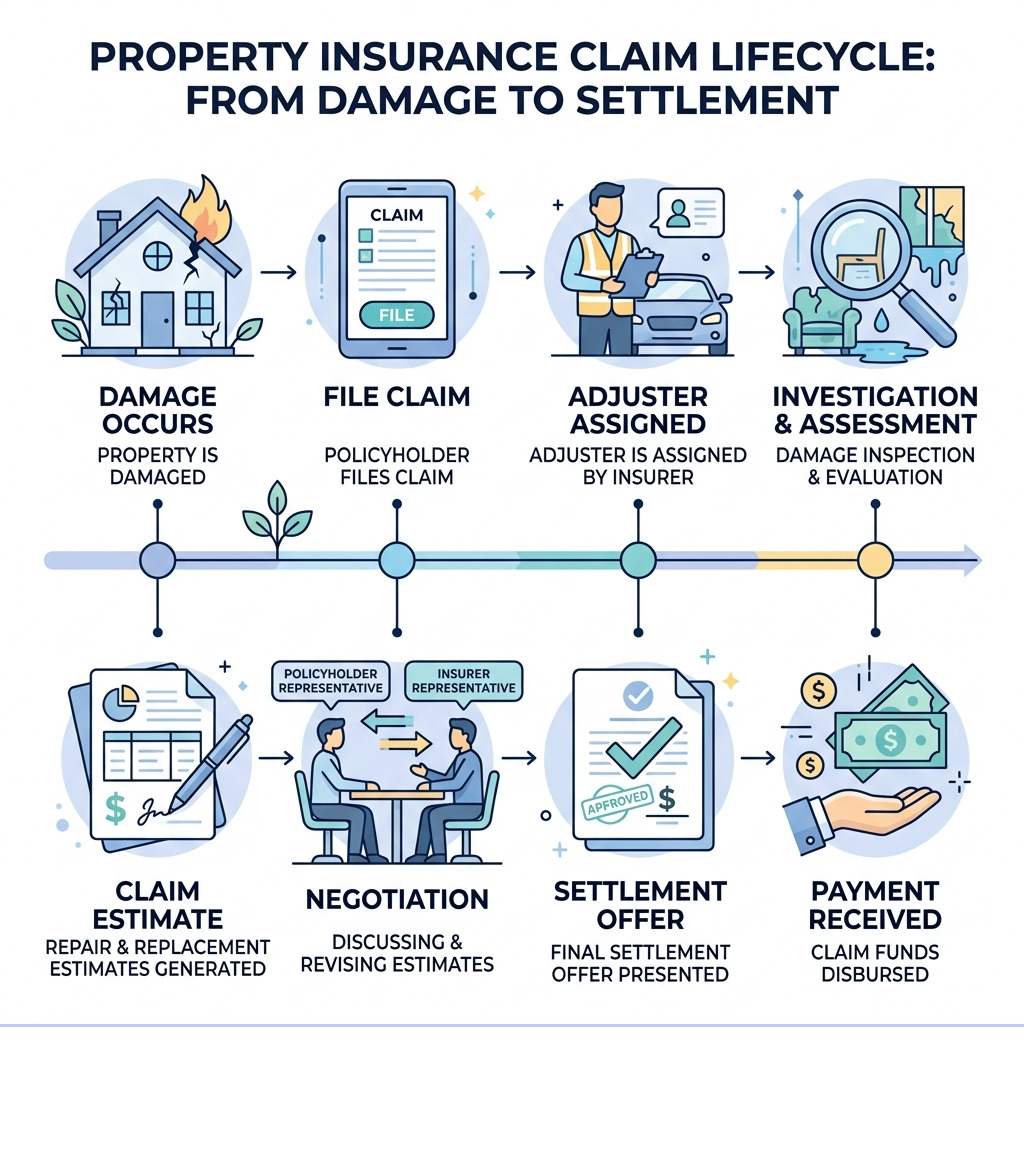 Property insurance claim lifecycle infographic showing steps from damage to settlement - Claim adjustment services Property insurance claim lifecycle infographic showing steps from damage to settlement - Claim adjustment services