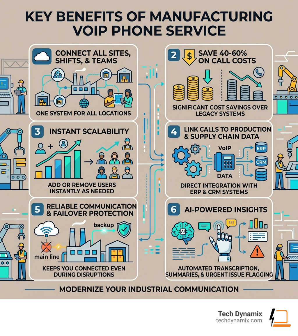 Infographic showing key benefits and features of Manufacturing VoIP phone service for industrial facilities - Manufacturing Infographic showing key benefits and features of Manufacturing VoIP phone service for industrial facilities - Manufacturing