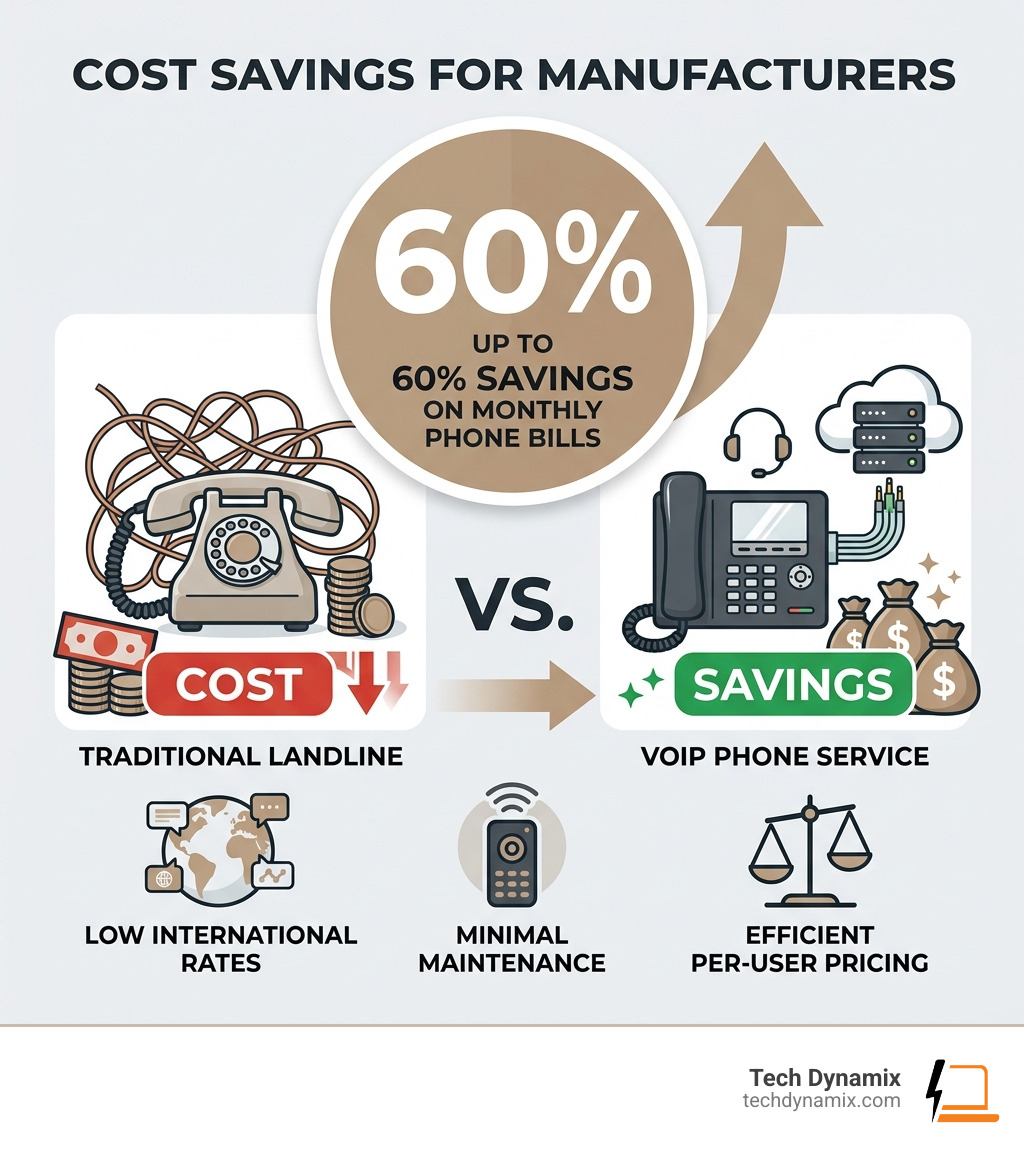 Stat showing how manufacturers can save up to 60 percent on monthly phone bills - Manufacturing VoIP phone service Stat showing how manufacturers can save up to 60 percent on monthly phone bills - Manufacturing VoIP phone service