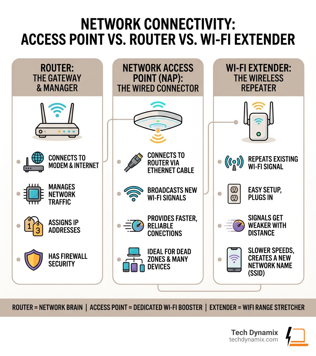 How a network access point differs from a router and Wi-Fi extender in a home or office network - network access point
