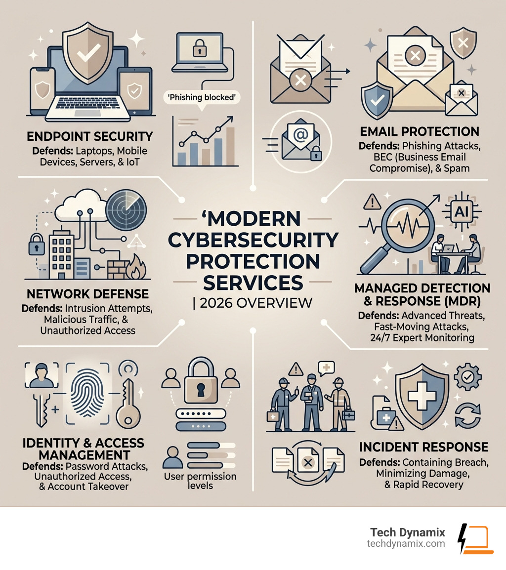 Overview infographic: types of cybersecurity protection services and what each defends against in 2026 - cybersecurity