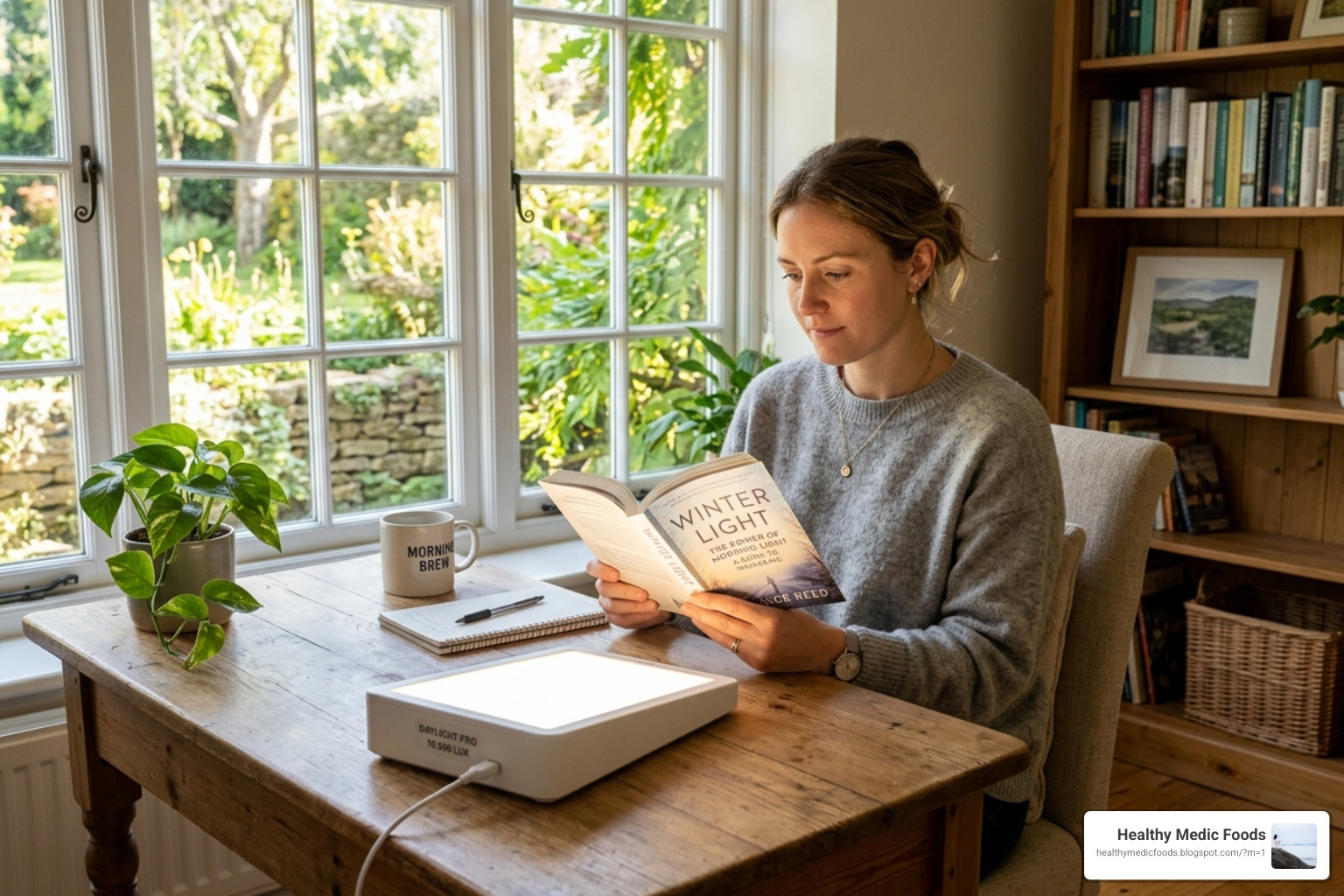 A person sitting at a desk in the morning using a 10,000 lux light therapy box while reading - natural serotonin boost