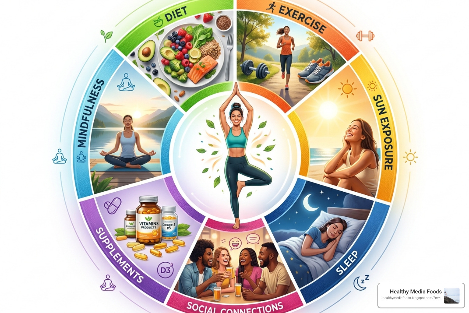 Holistic wellness wheel showing diet, exercise, sun, sleep, social, supplements, and mindfulness - natural serotonin boost