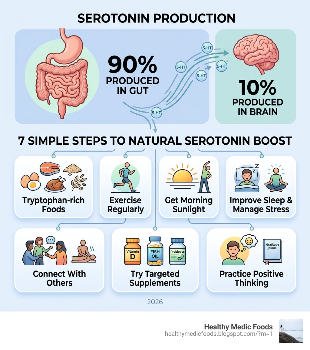 Infographic showing serotonin production: 90% in gut, 10% in brain, with 7 natural boost methods listed - natural serotonin