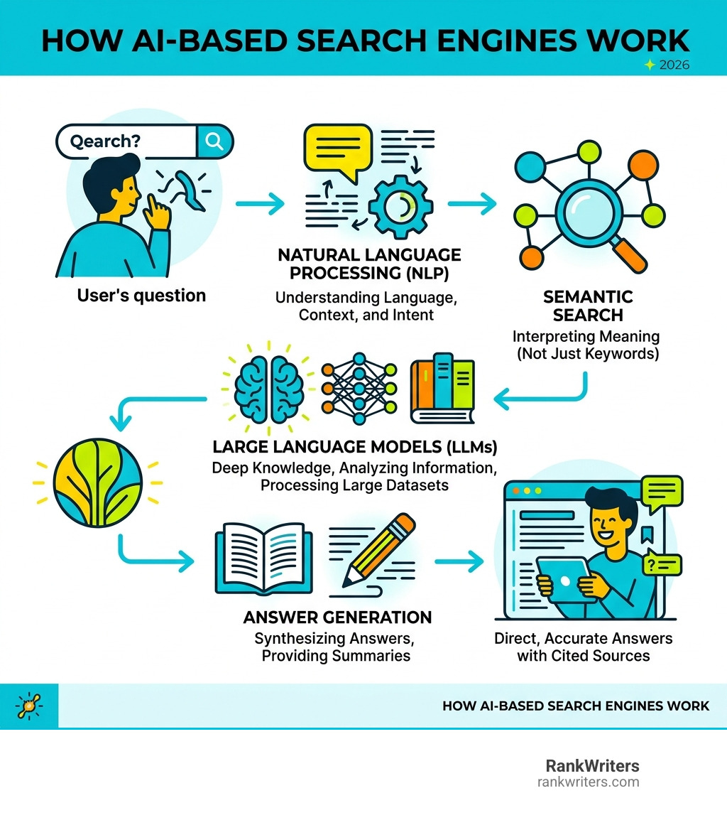How AI based search engines work: NLP, LLMs, semantic search, and answer generation - ai based search engine infographic 