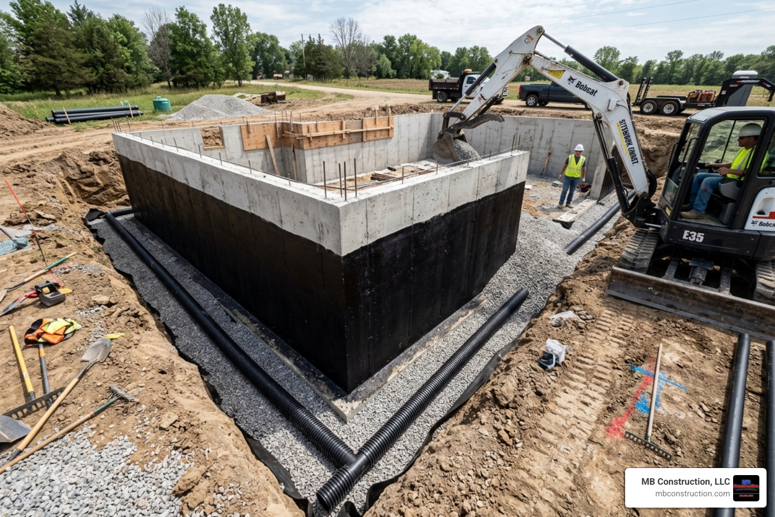 A newly poured and waterproofed basement foundation with visible French drain installation - cost of an addition with