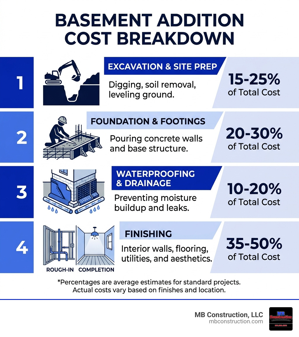 Basement addition cost breakdown infographic showing excavation, foundation, waterproofing, and finishing phases - cost of