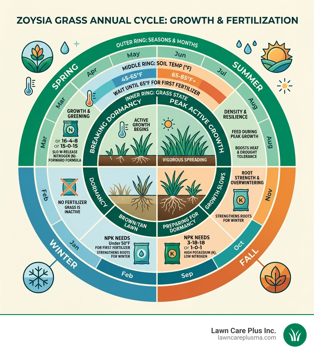 Zoysia grass annual growth and fertilization cycle infographic showing seasons, soil temps, and NPK needs - best fertilizer