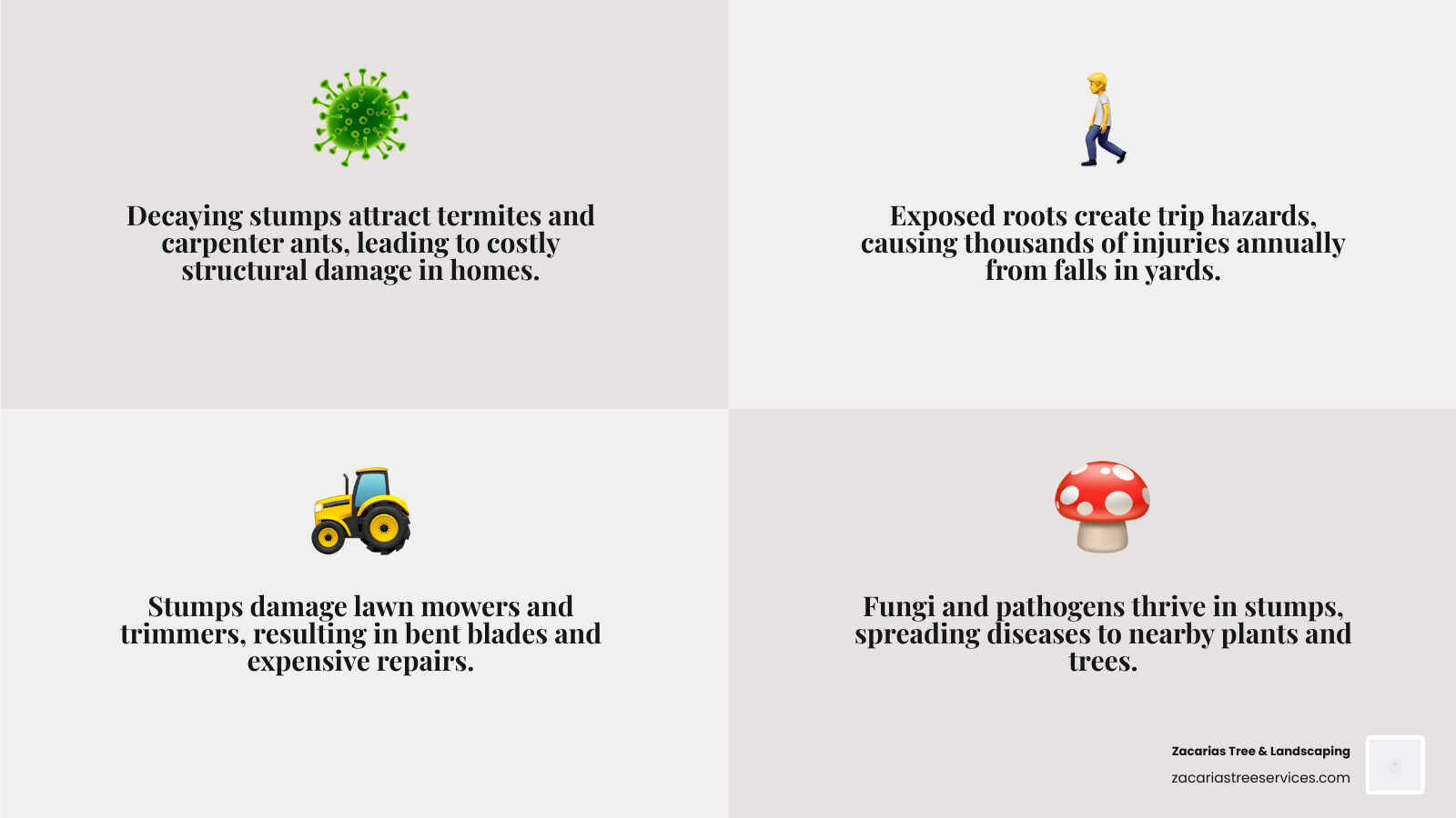 Infographic showing hazards of decaying tree stumps including pest infestation, tripping risks, lawn equipment damage, fungi Infographic showing hazards of decaying tree stumps including pest infestation, tripping risks, lawn equipment damage, fungi