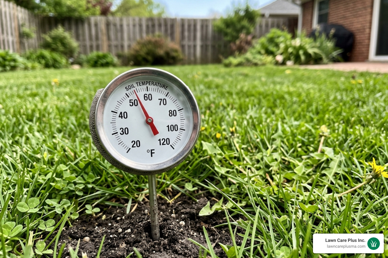 Soil thermometer showing 65 degrees fahrenheit in the ground - best fertilizer for zoysia grass
