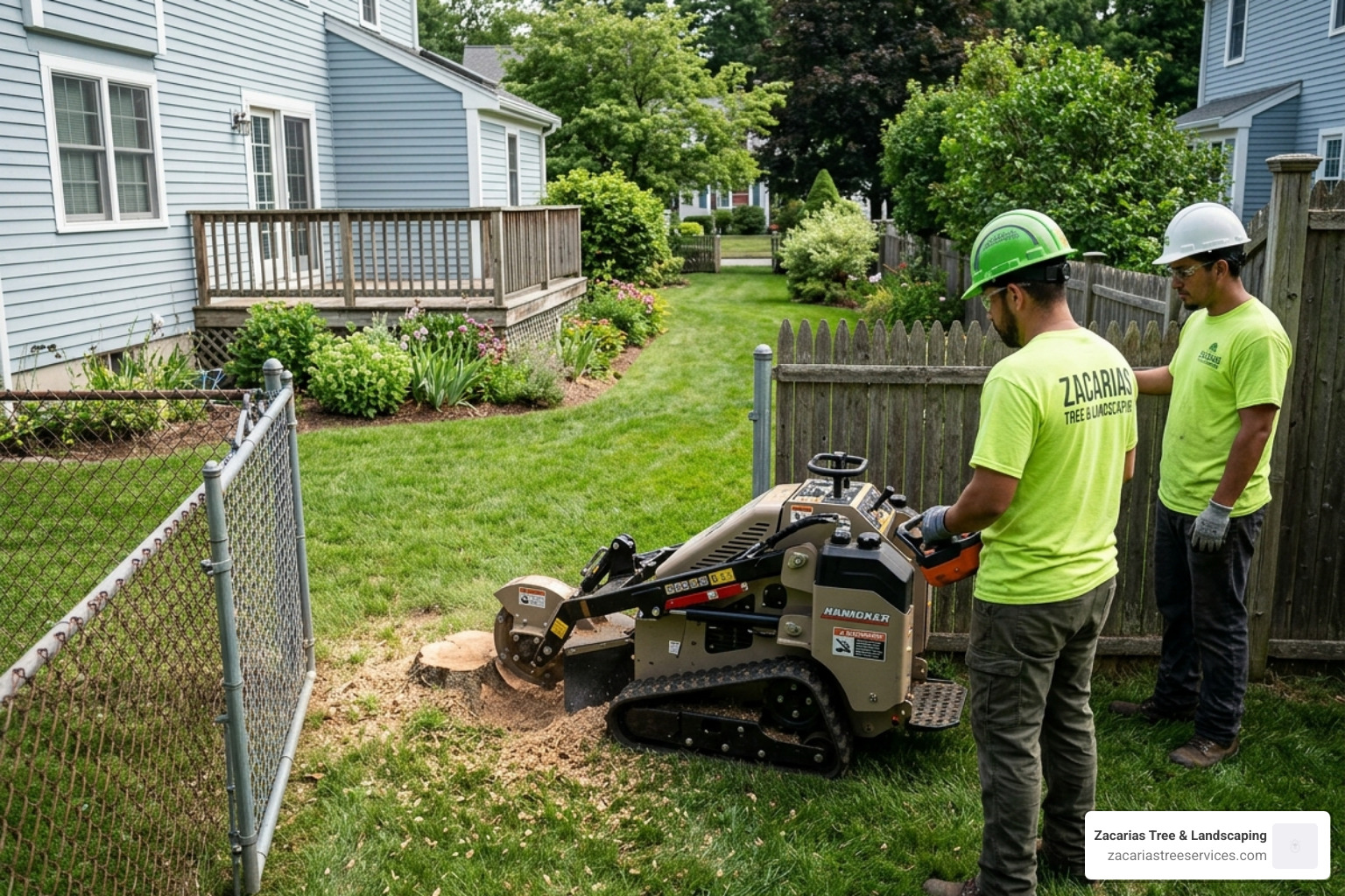 Zacarias Tree & Landscaping team using a turf-friendly stump grinder in a tight residential backyard - reliable stump removal Zacarias Tree & Landscaping team using a turf-friendly stump grinder in a tight residential backyard - reliable stump removal
