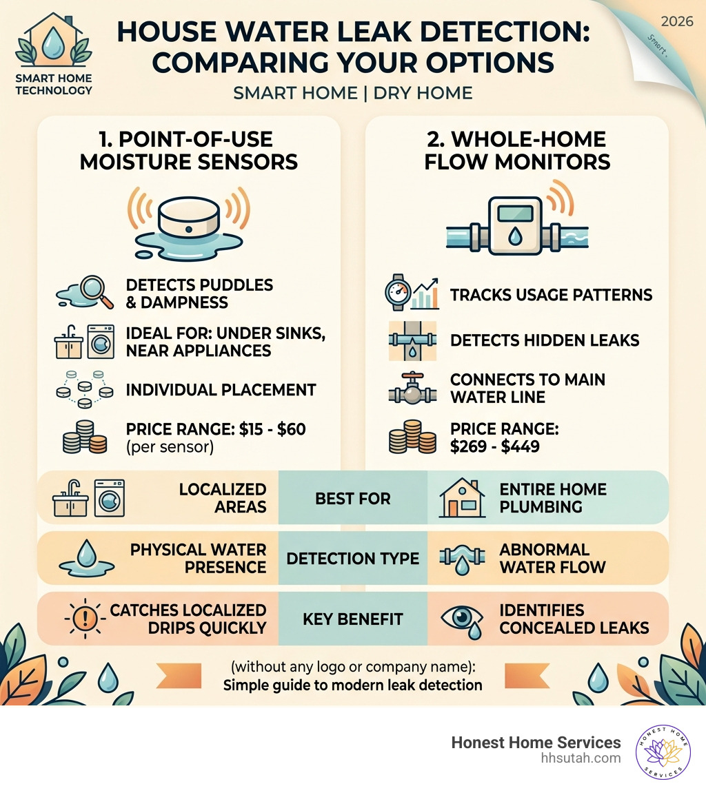 Infographic comparing moisture sensors vs flow monitors for house water leak detection - house water leak detection Infographic comparing moisture sensors vs flow monitors for house water leak detection - house water leak detection