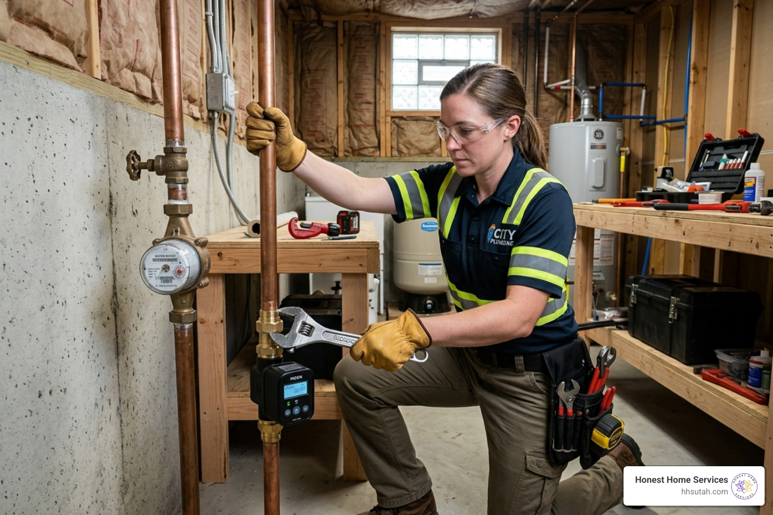 Plumber installing a smart water shutoff valve on a main line - house water leak detection Plumber installing a smart water shutoff valve on a main line - house water leak detection
