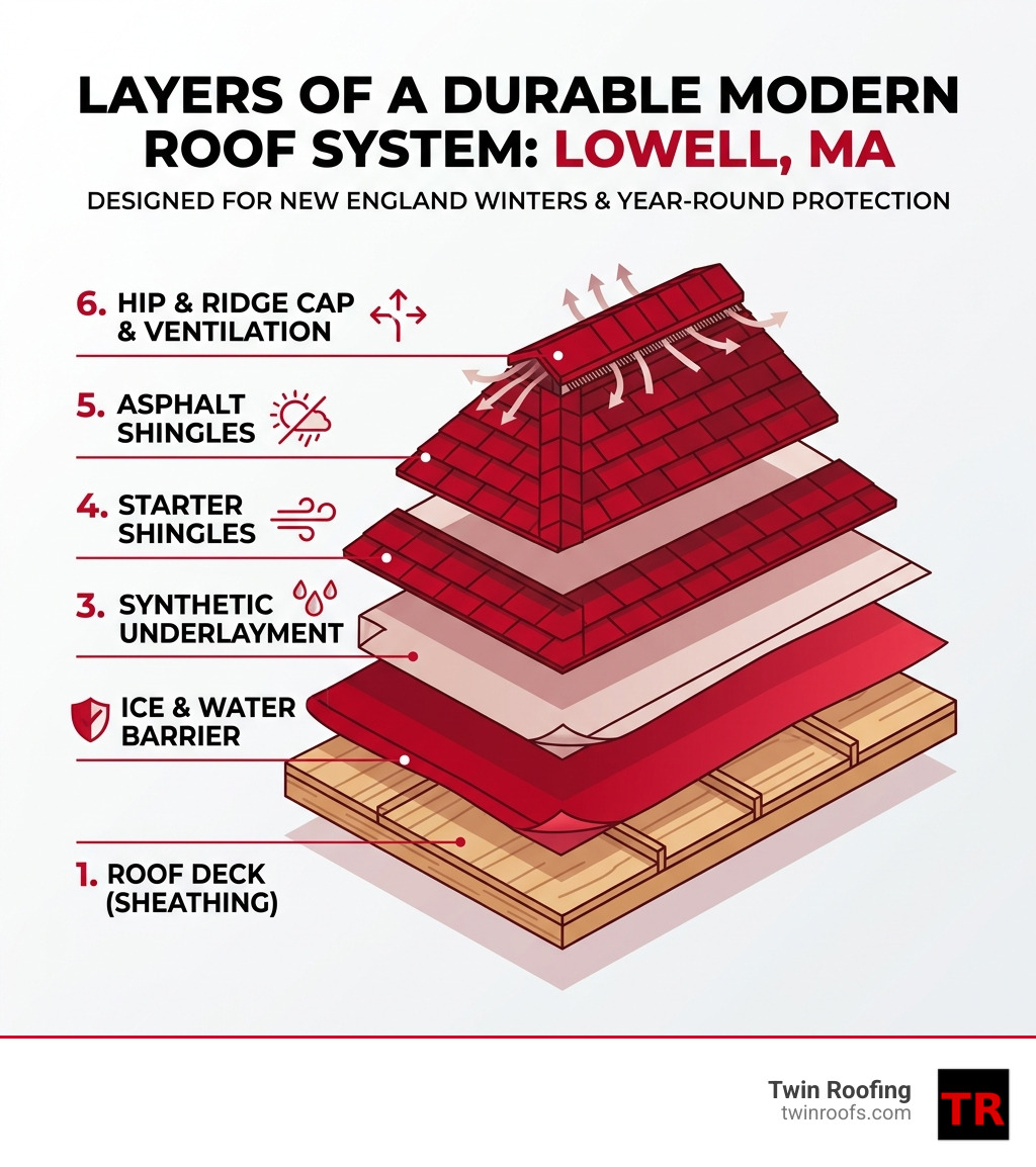 Infographic showing layers of a modern roofing system from deck to shingles - Roof replacement Lowell infographic Infographic showing layers of a modern roofing system from deck to shingles - Roof replacement Lowell infographic