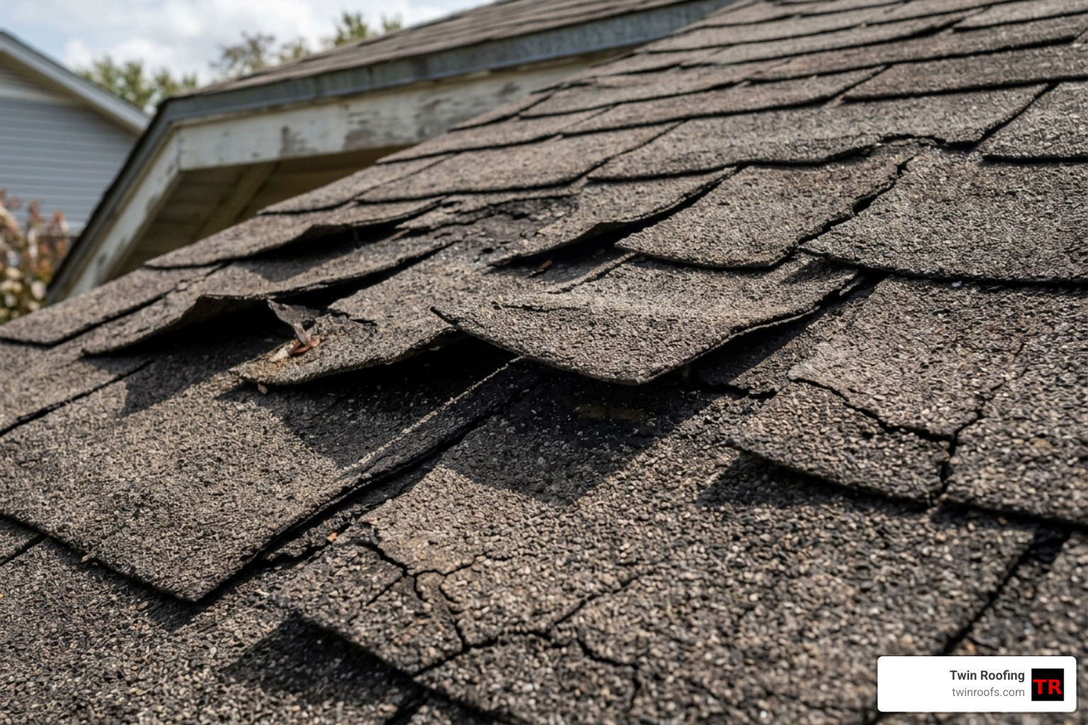 Close up of curling and cracked asphalt shingles needing replacement - Roof replacement Lowell Close up of curling and cracked asphalt shingles needing replacement - Roof replacement Lowell