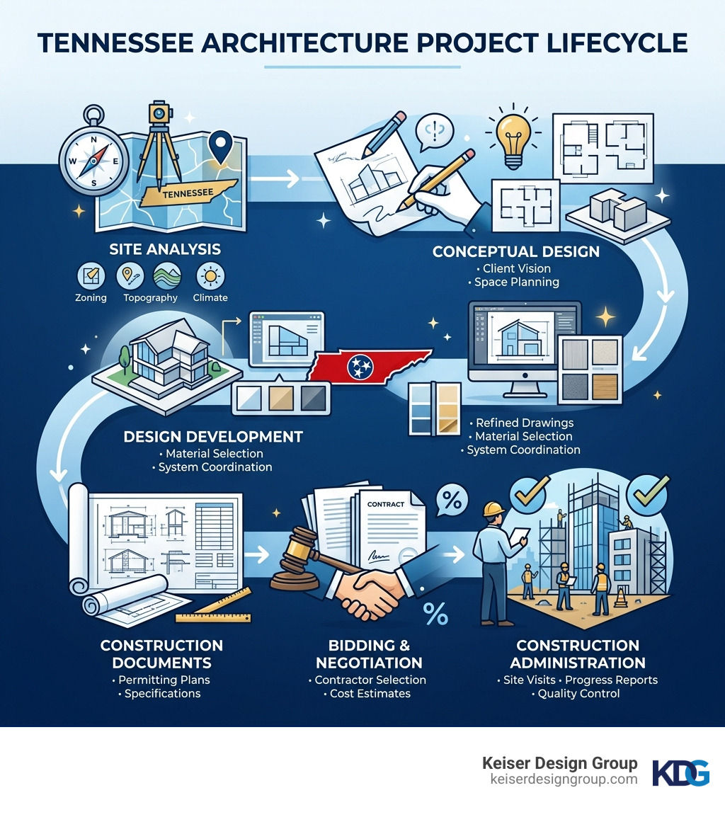 Tennessee architecture project lifecycle infographic from site analysis to construction administration - Tennessee Tennessee architecture project lifecycle infographic from site analysis to construction administration - Tennessee