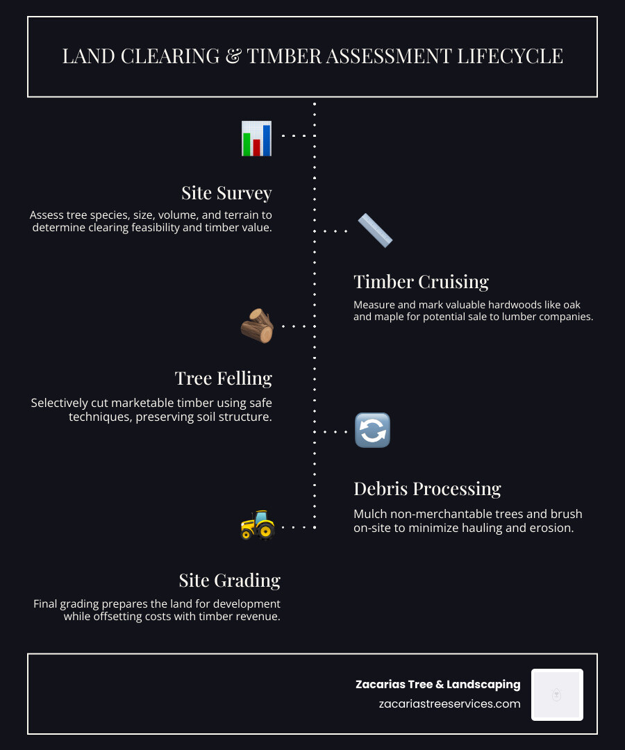Land clearing and timber assessment lifecycle infographic - clearing trees from land infographic Land clearing and timber assessment lifecycle infographic - clearing trees from land infographic