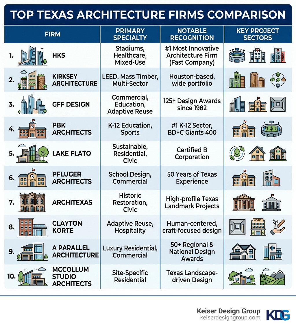 Top Texas architecture firms comparison infographic showing firm specialties, awards, and key project sectors - texas