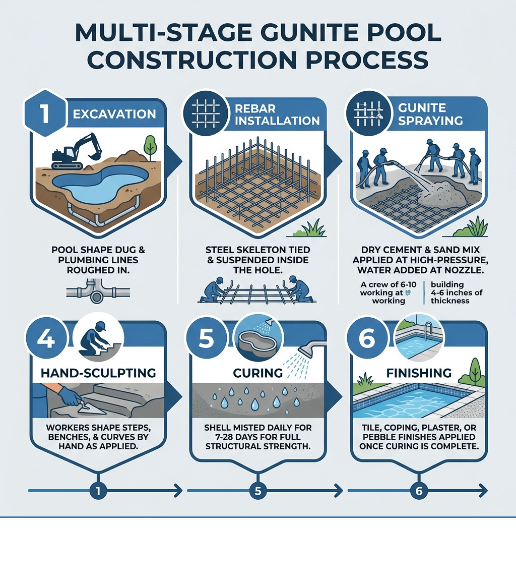 Multi-stage gunite pool construction process infographic from excavation to swim-ready pool - spraying gunite pool Multi-stage gunite pool construction process infographic from excavation to swim-ready pool - spraying gunite pool
