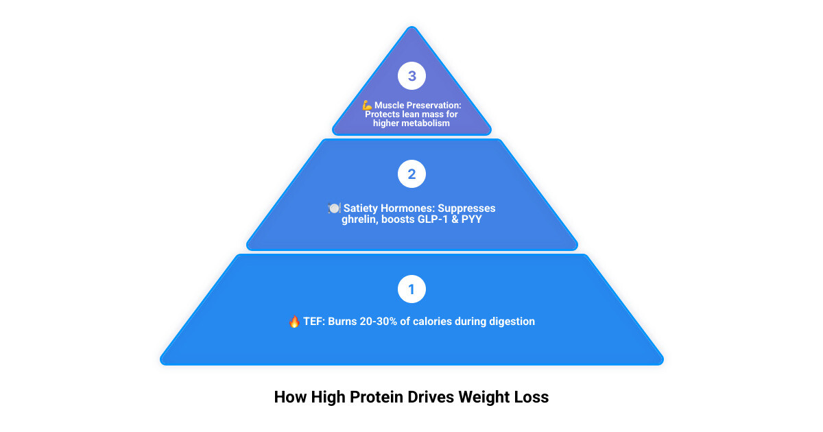 Infographic showing how high protein diet for weight loss works: TEF, satiety hormones, and muscle preservation - high