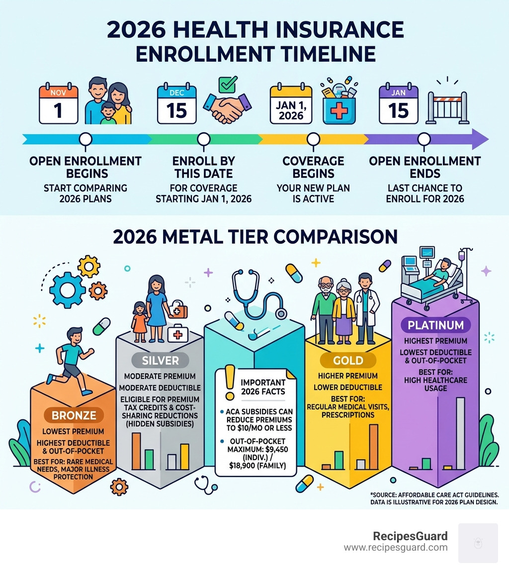 2026 health insurance enrollment timeline and metal tier comparison infographic - health insurance coverage comparison