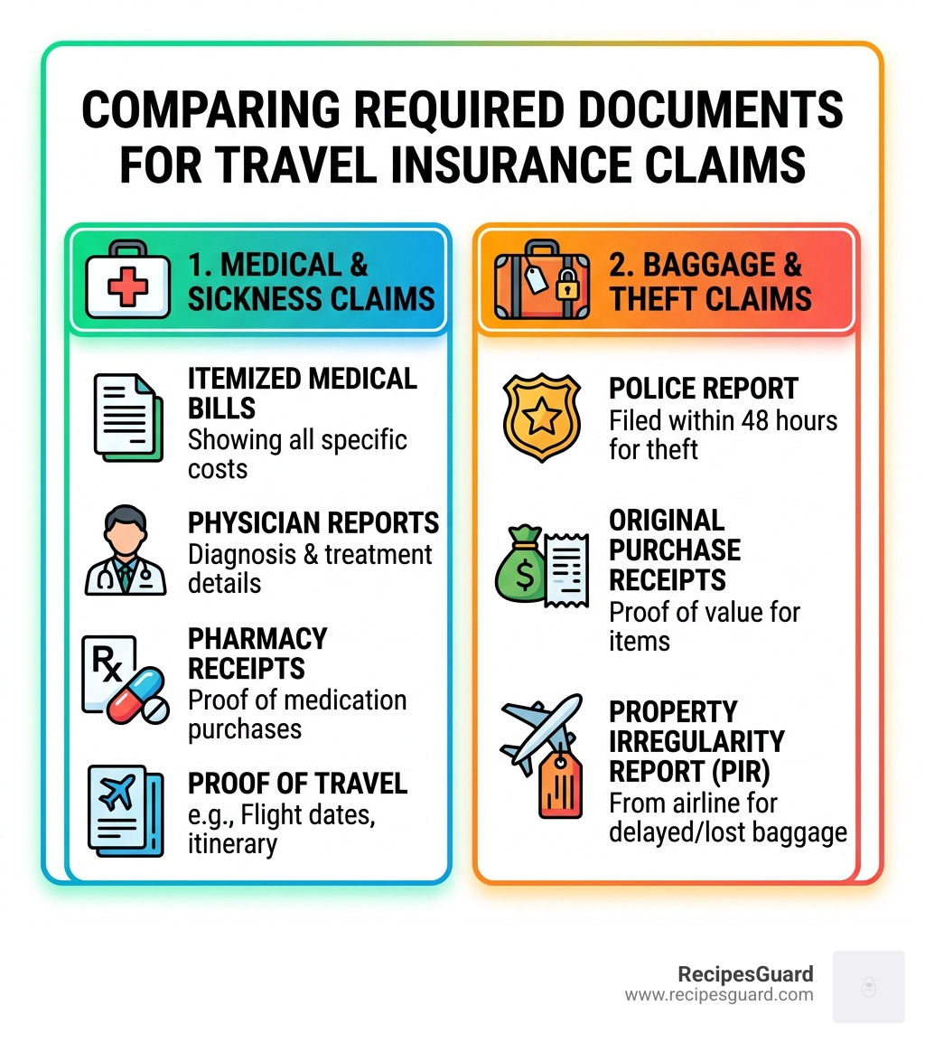 Comparison of required documents for medical vs. baggage claims - travel insurance claim for students infographic 