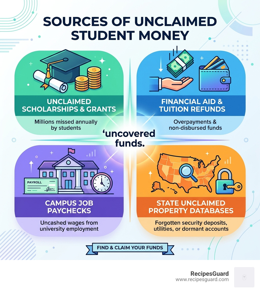 Sources of unclaimed student money including scholarships, aid refunds, campus paychecks, and state property databases