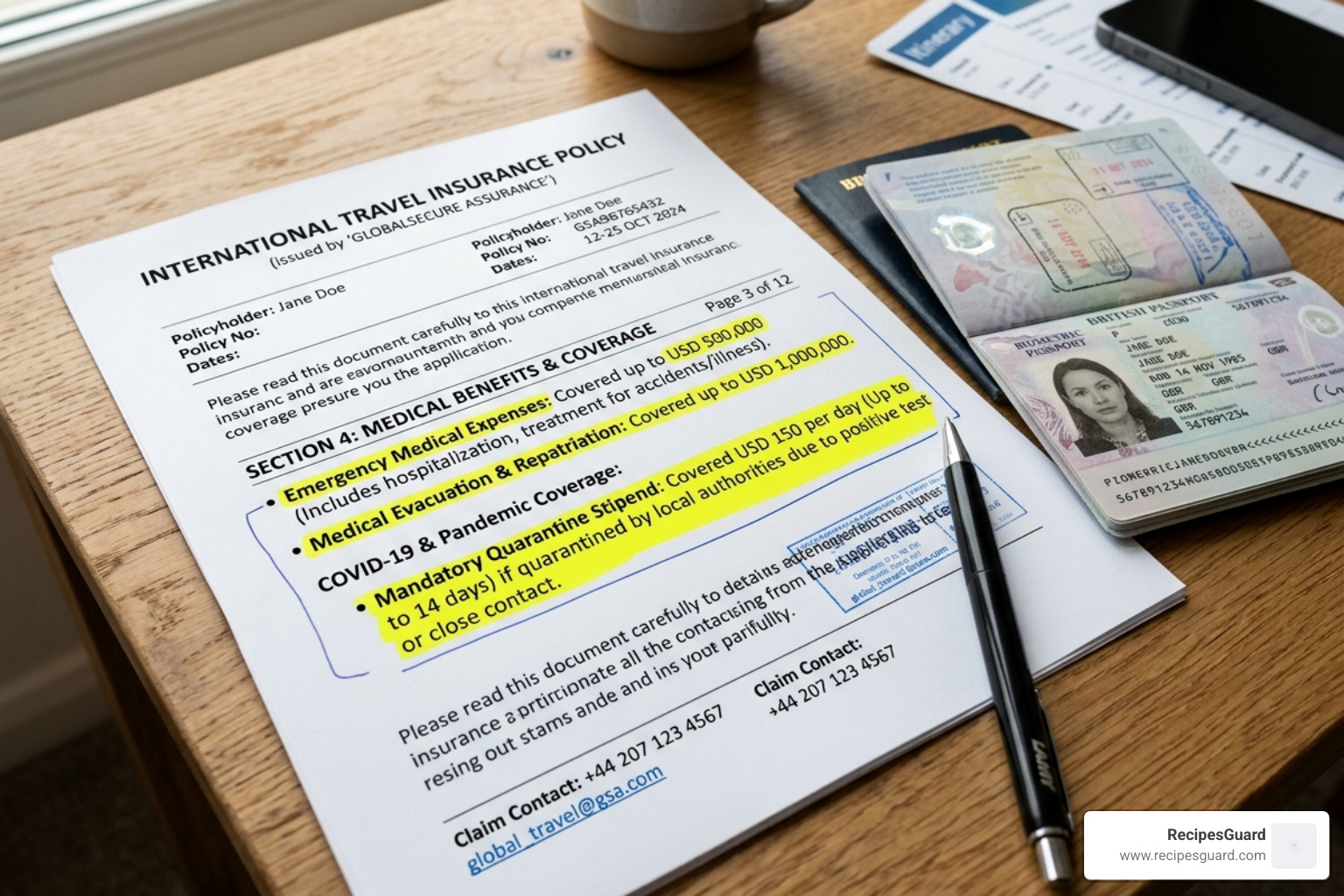 International travel insurance policy document with focus on medical benefits - quarantine cost claim student