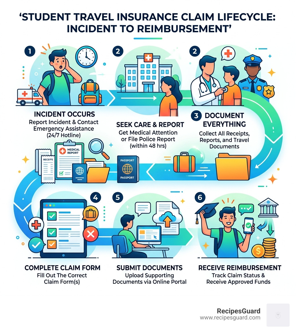 Student travel insurance claim lifecycle: incident to reimbursement steps - travel insurance claim for students infographic 