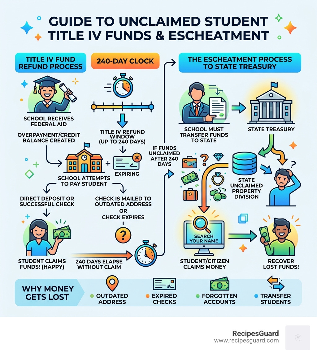 Infographic explaining the 240-day Title IV refund window and the escheatment process to state treasuries - claim student
