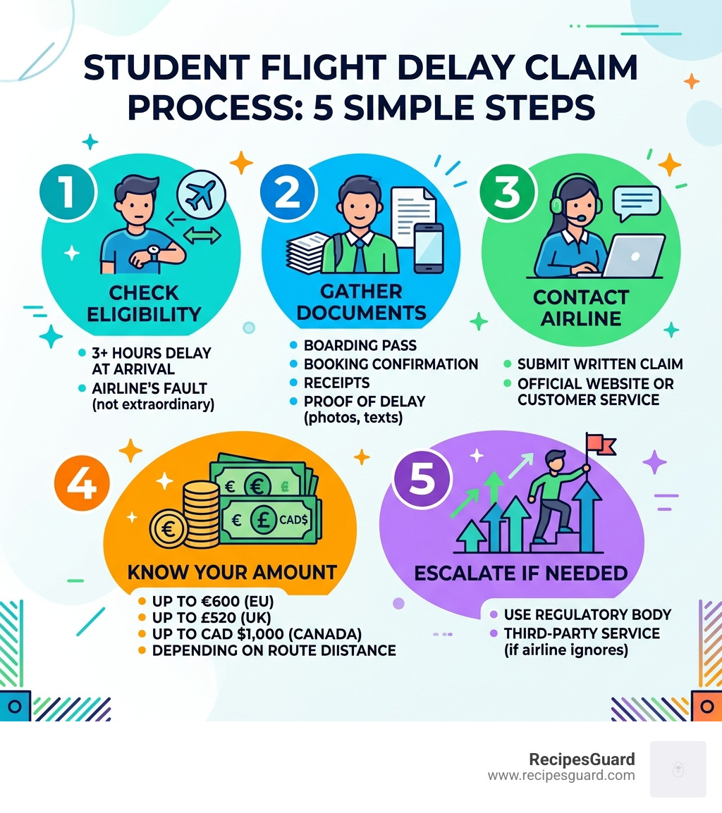 5-step student flight delay claim process infographic with eligibility, documents, airline claim, compensation amounts, and