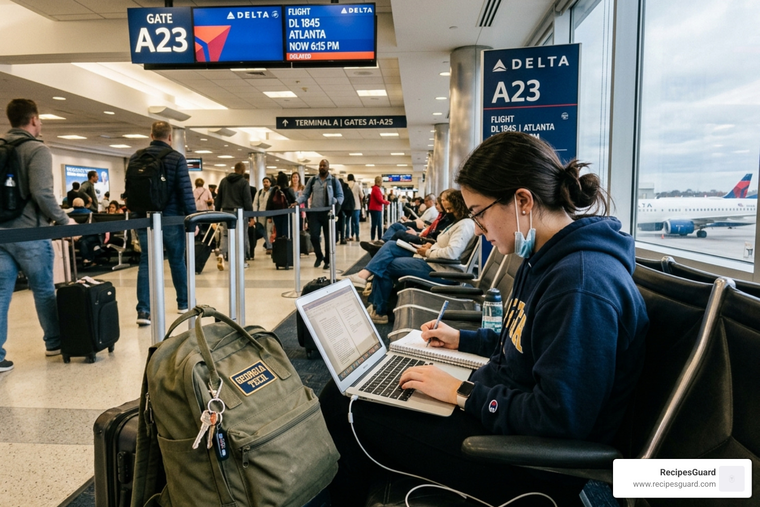 student studying on a laptop at an airport gate during a long delay - claim student flight delay