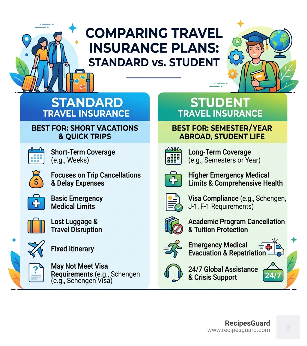 infographic showing key differences between standard travel insurance and student-specific travel insurance plans - student