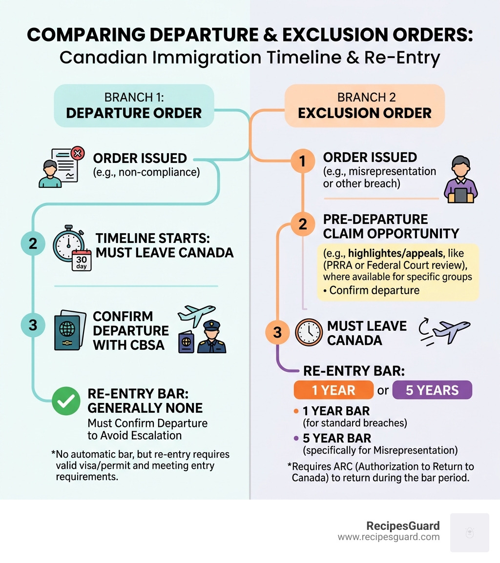 Timeline comparing departure order vs exclusion order steps and re-entry bars in Canadian immigration - pre departure