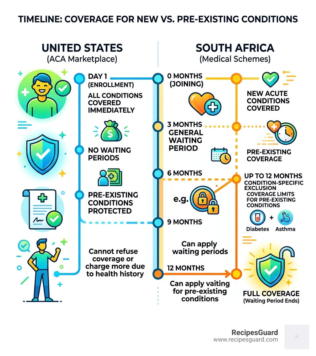 Timeline infographic showing coverage for new vs. pre-existing conditions across US ACA plans and South African medical aids