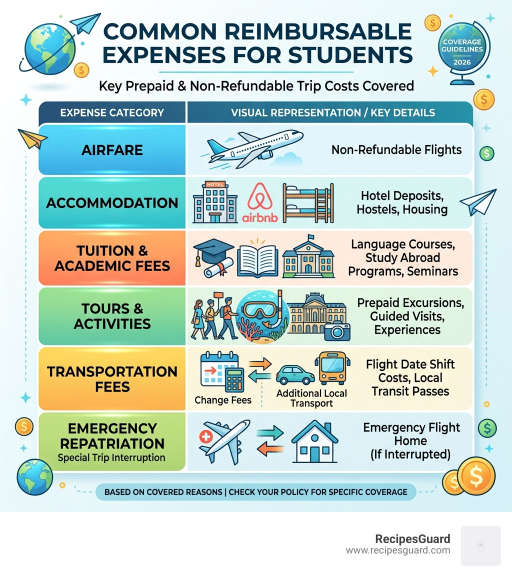 Table: Common reimbursable expenses for students - trip cancellation interruption infographic 