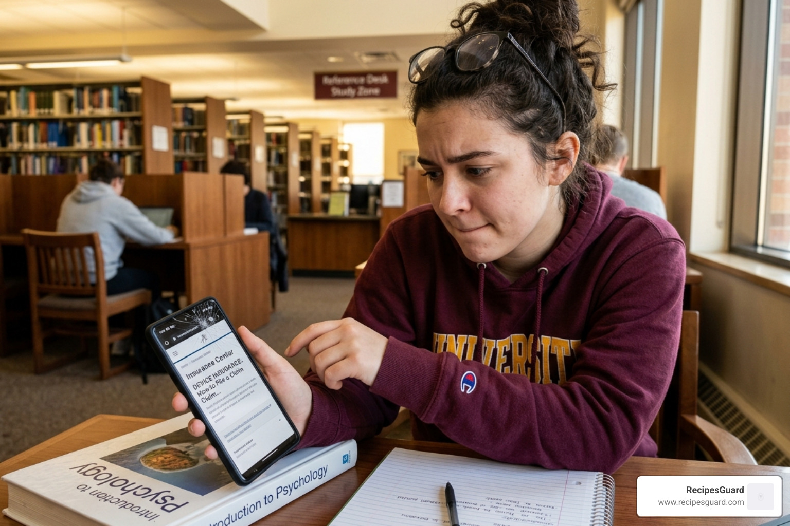 a student looking at a cracked smartphone screen and wondering about insurance coverage - compare student contents insurance