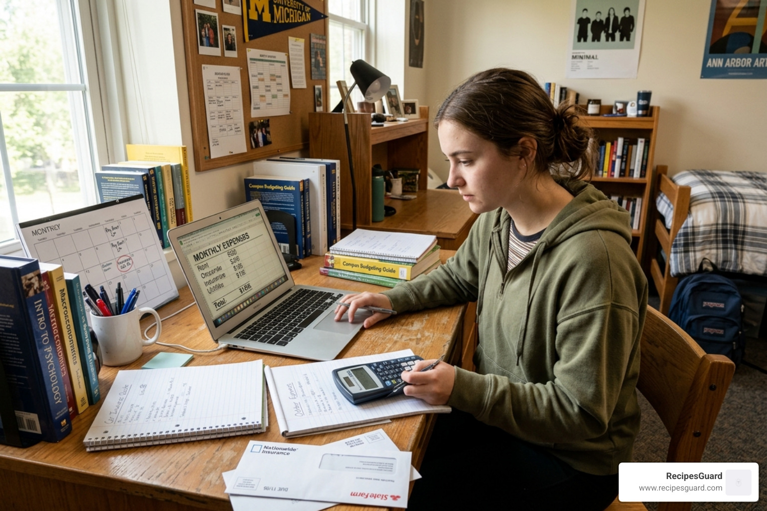 a student sitting at a desk with a laptop and calculator working out their monthly expenses and insurance costs - compare