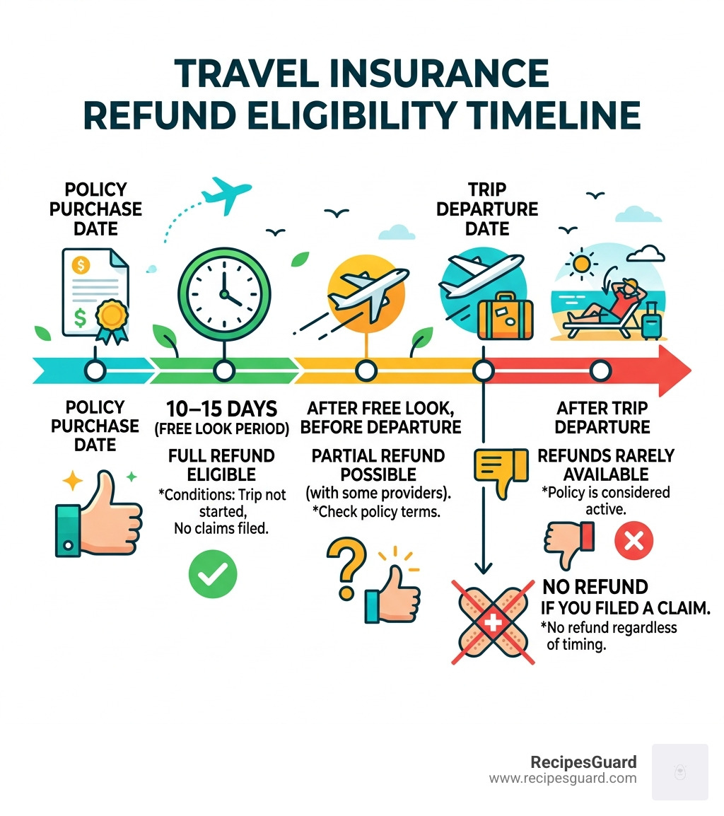Timeline infographic showing travel insurance refund eligibility from purchase date to departure - travel insurance refund