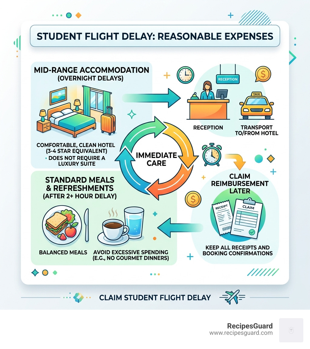 infographic showing reasonable travel expenses like a mid-range hotel room and standard meals - claim student flight delay