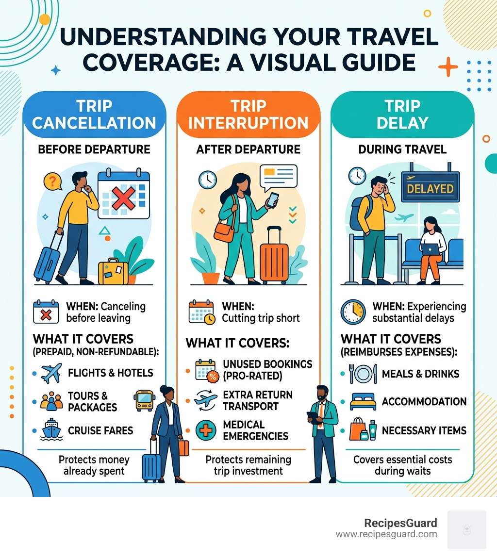 Infographic: trip cancellation vs interruption vs delay coverage differences - trip cancellation interruption infographic 
